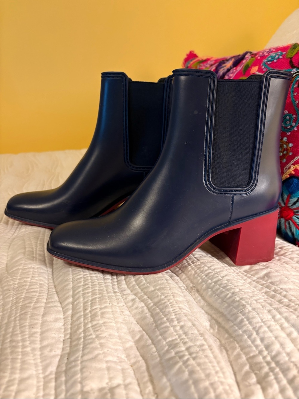 Jeffrey Campbell Navy Chelsea Boots with magenta Block Heel